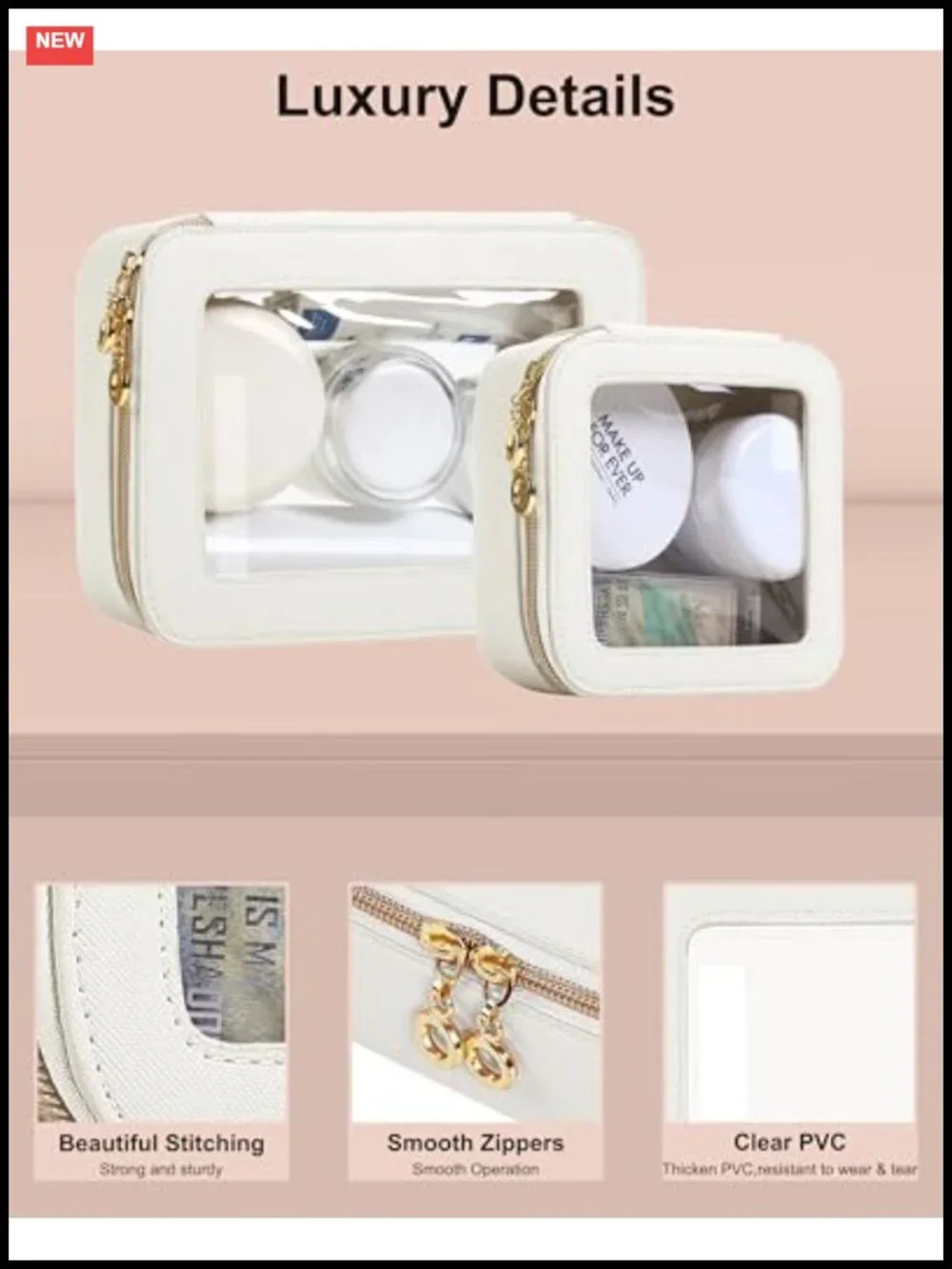 Leather Clear Makeup Bags Set - TSA Approved Travel Cosmetic Case Zipper